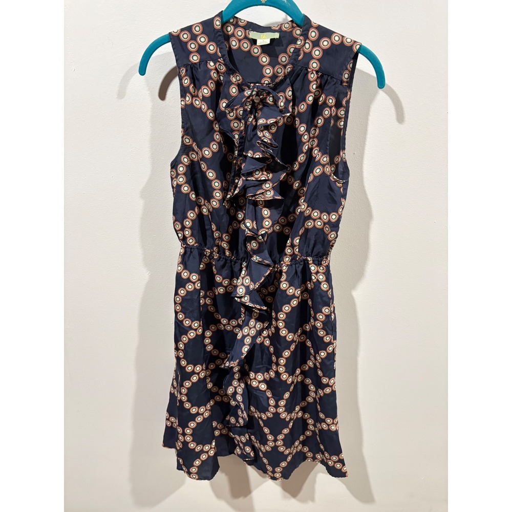 Anthropologie Lil Ruffle Front Tie Geometric Print Sleeveless Dress Navy 6 Silk